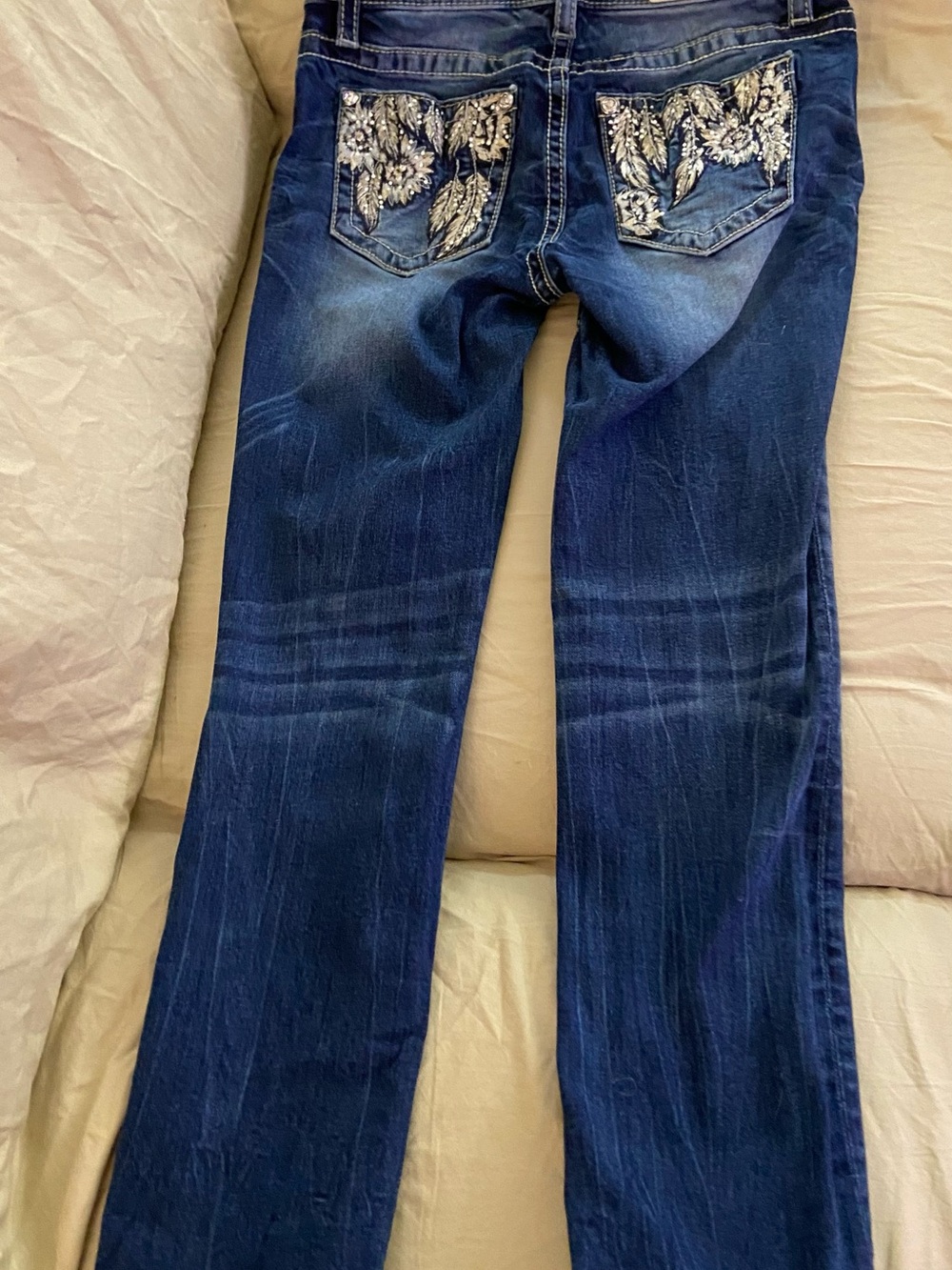 Miss Me Dark Blue Jeans with Cream Embroidered Pocket - Picture 4 of 5